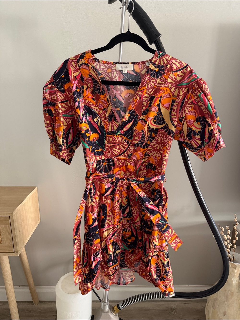 A.L.C. Short Wrap Dress in Pink, Orange and Black Geometric Floral